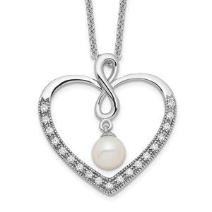 925 Sterling Silver CZ and FW Cultured Pearl My Friend 18in Heart Necklace